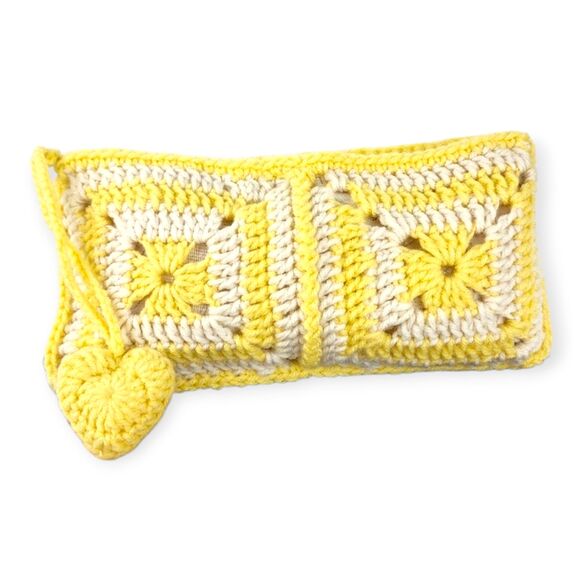 Handbags - Handmade Crochet Granny Square Clutch Yellow Cream Boho Heart Charm Makeup Pouch